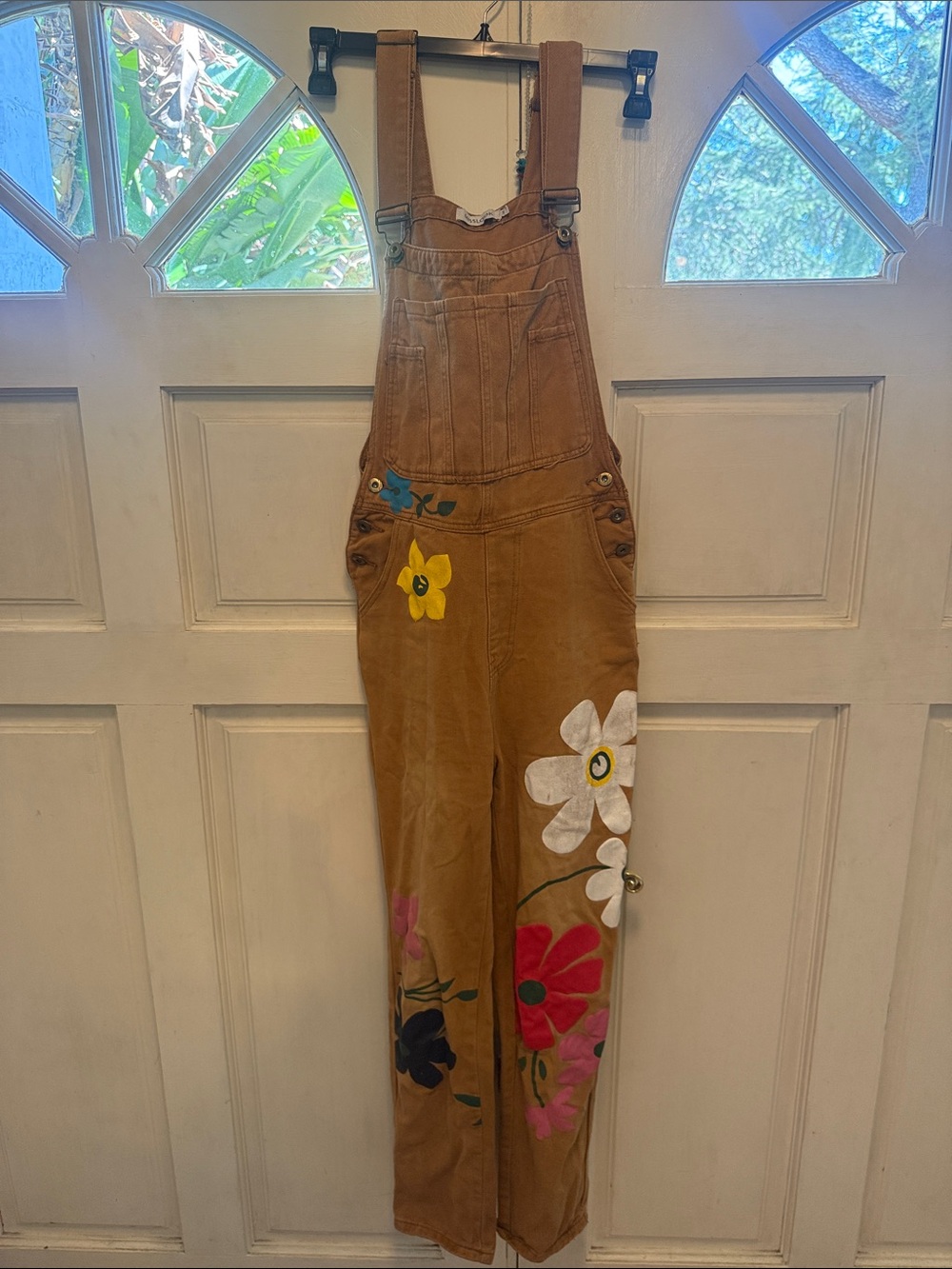 MISSLOOK Brown Floral Painted Bib Overalls Size S